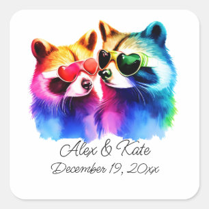 Fun Raccoon Couple   Romantic Wedding  Square Sticker