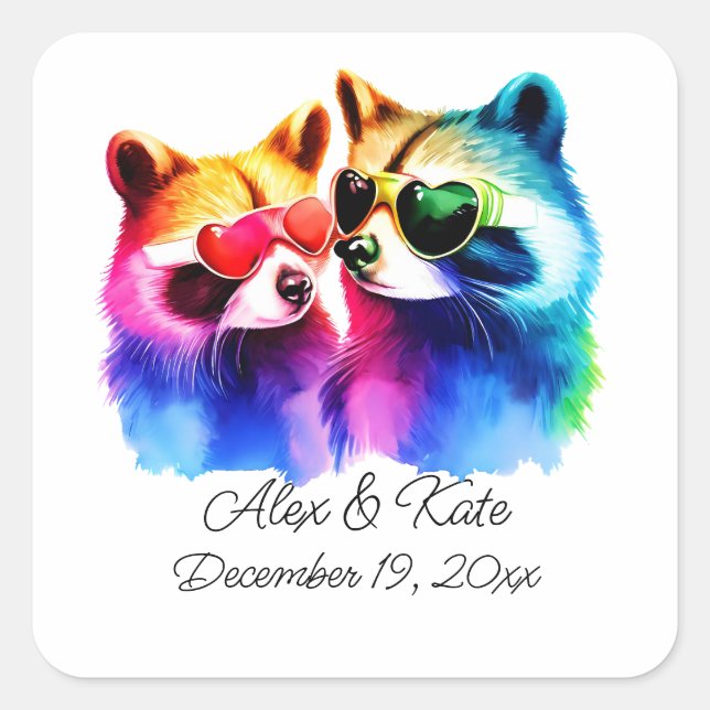 Fun Raccoon Couple | Romantic Wedding  Square Sticker (Front)