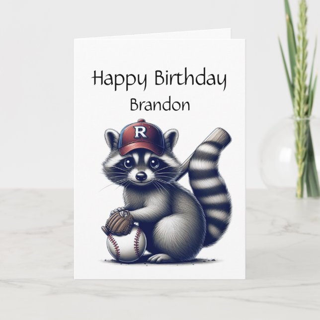 Fun Raccoon Custom Baseball Birthday Animal Card (Front)