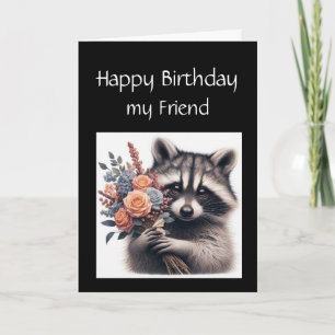 Fun Raccoon Friend Birthday Flowers Card
