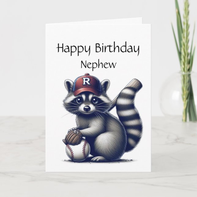Fun Raccoon Nephew Baseball Birthday Animal Card (Front)