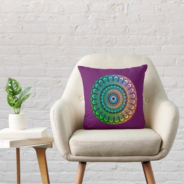 Fun Rainbow and Hearts Mandala on Eggplant Throw Pillow (Creator Uploaded)