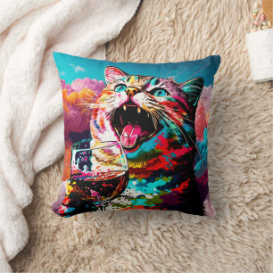 Fun Rainbow Cat and Wine Throw Pillow