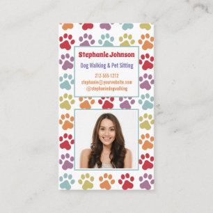 Fun Rainbow Colored Paw Prints Dog Walker Photo Business Card