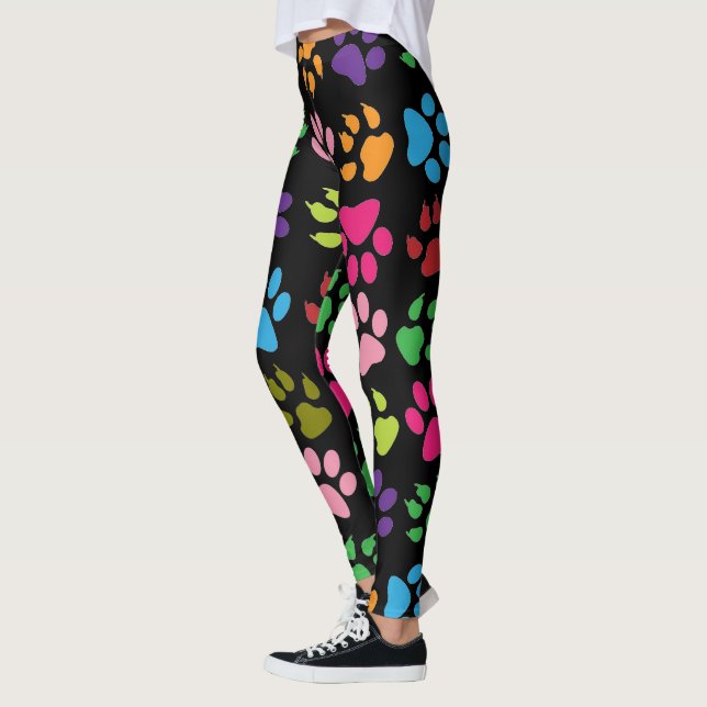 Fun Rainbow Coloured Dog and Cat Paw Print Leggings (Left)