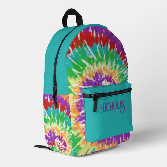 Fun Rainbow Colours Retro Tie Dye Monogrammed Printed Backpack (Back Corner Left)