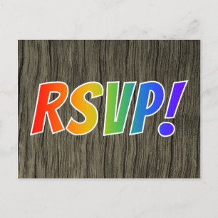 Fun Rainbow Letters "RSVP!" + Faux Wood Look Postcard