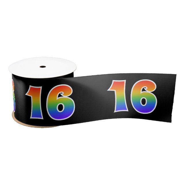Fun, Rainbow Pattern "16" Event Number (Black) Satin Ribbon (Spool)