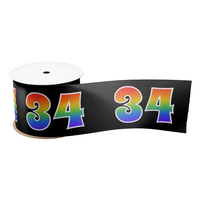Fun, Rainbow Pattern "34" Event Number (Black) Satin Ribbon (Spool)