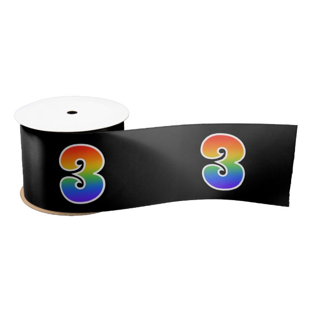 Fun, Rainbow Pattern "3" Event Number (Black) Satin Ribbon (Spool)