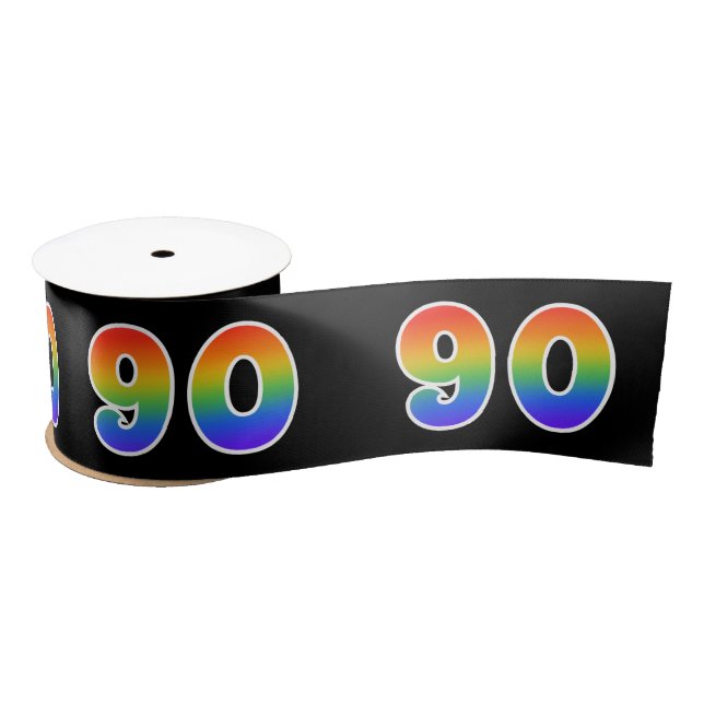 Fun, Rainbow Pattern "90" Event Number (Black) Satin Ribbon (Spool)