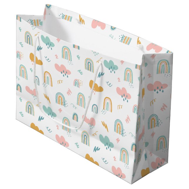 Fun Rainbow & Rain Cloud Pattern Large Gift Bag (Front Angled)