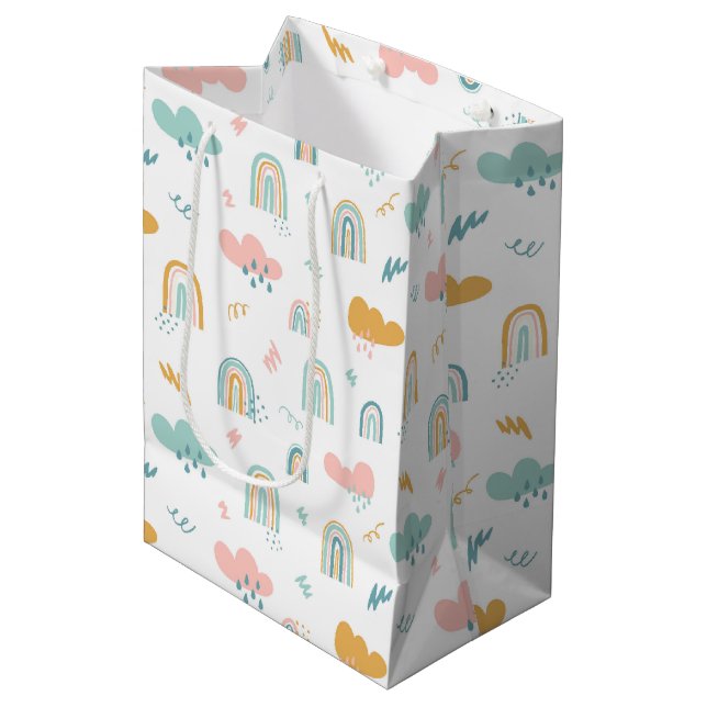 Fun Rainbow & Rain Cloud Pattern Medium Gift Bag (Front Angled)