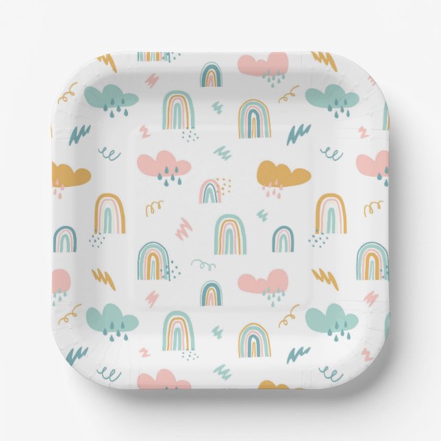 Fun Rainbow & Rain Cloud Pattern Paper Plate (Front)
