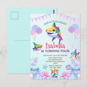 Fun rainbow shark birthday balloon party Family  Postcard