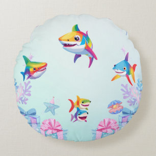Fun rainbow shark birthday balloon party Family Round Pillow