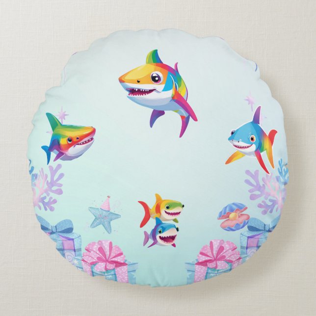 Fun rainbow shark birthday balloon party Family  Round Pillow (Front)