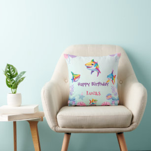 Fun rainbow shark birthday balloon party Family  Throw Pillow