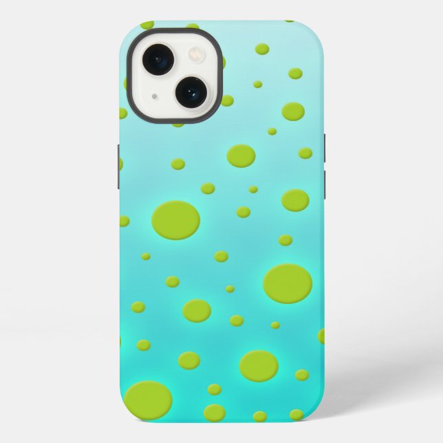 Fun Random Dots Green over Turquoise Background iPhone Case (Back)