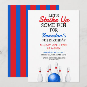 Fun Red and Blue Bowling Kids Birthday Invitation
