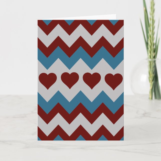 Fun Red and Blue Hearts Chevron Pattern Holiday Card (Front)
