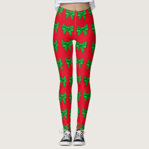 Fun Red and Green Bow Christmas Leggings
