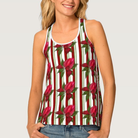 Fun Red and Green Striped Floral Tank Top