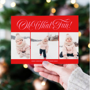 Fun red and pink Christmas card with three photos