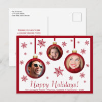 Fun Red Baubles & Snowflakes 3 Photo Holiday