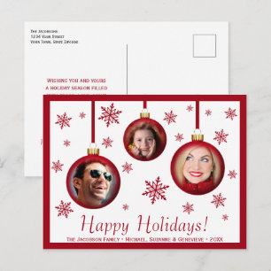 Fun Red Baubles & Snowflakes 3 Photo Holiday Postcard