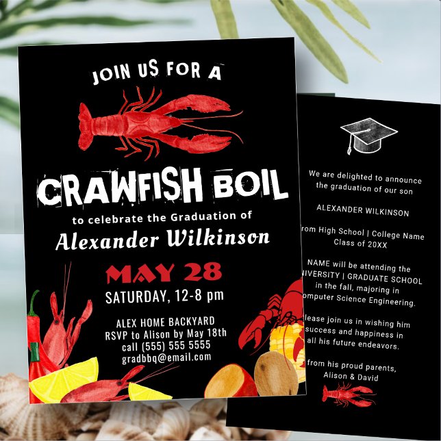 Fun Red Black Crawfish Boil Graduation BBQ Party Invitation (Creator Uploaded)