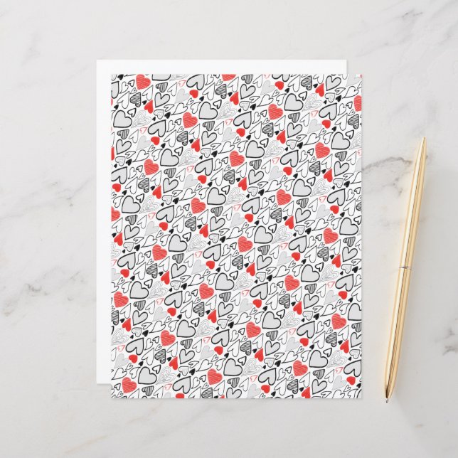 Fun Red Black Doodle Hearts White Scrapbook Papier (Devant/Arrière en situation)