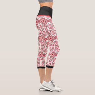 Fun Red Black Nordic Fair Isle Snowflake Motif Capri Leggings