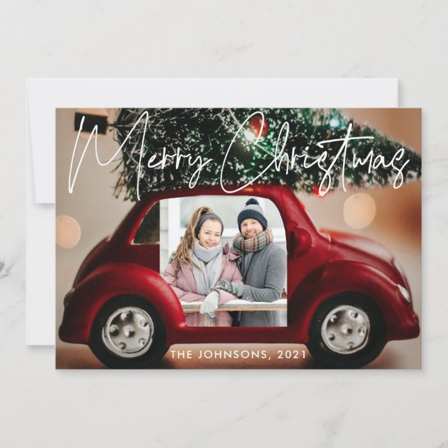 Fun Red Car Joyeux Carte photo de Noël (Devant)