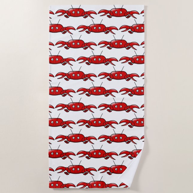Fun Red Cartoon Crab Summer White or Custom Colour Beach Towel (Front)