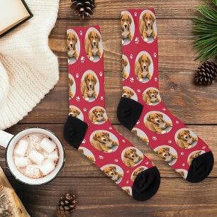 Fun Red Custom Dog Photo Paw Print Socks