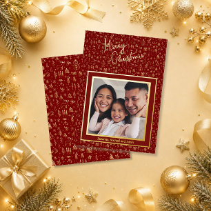 Fun Red Doodle Family Photo Merry Christmas Foil Holiday Card