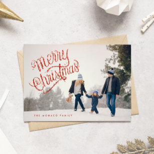 Fun Red Glitter Merry Christmas Photo Holiday Card