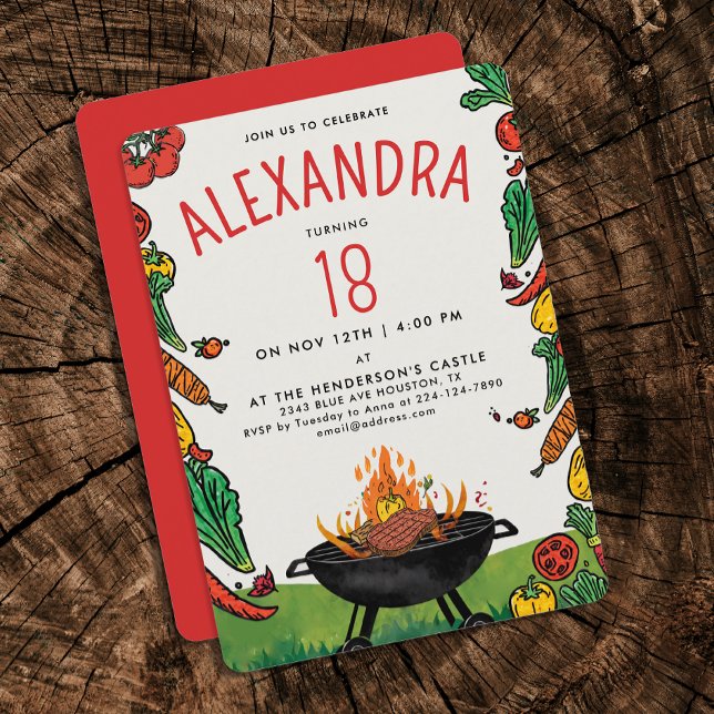 Fun Red Green Backyard Grill Steak Veggie Picnic Invitation (Creator Uploaded)