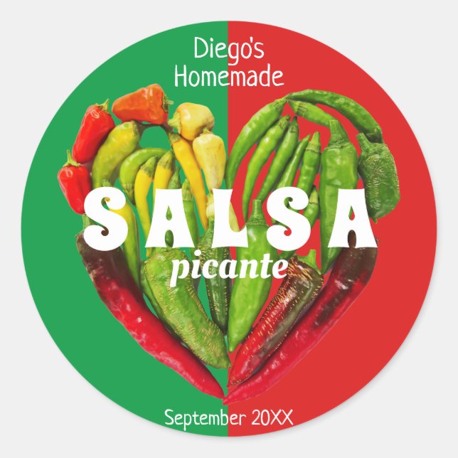 Fun red green hot chili peppers heart food label (Front)