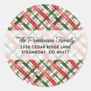 Fun Red Green Plaid Christmas Script Custom Classic Round Sticker