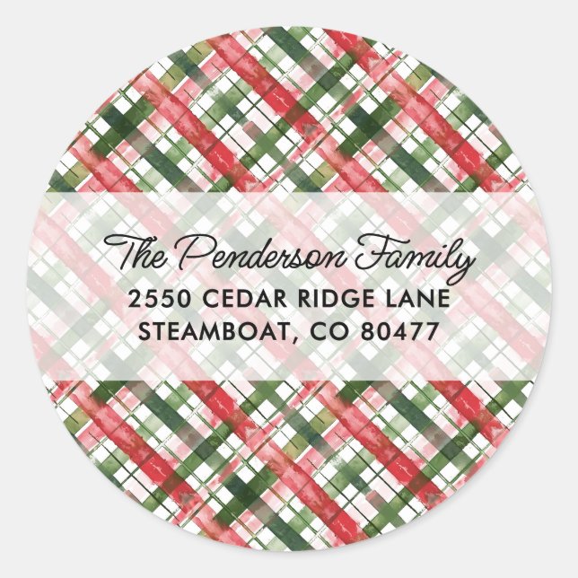 Fun Red Green Plaid Christmas Script Custom Classic Round Sticker (Front)