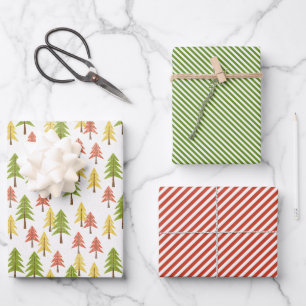 Fun Red Green Yellow Abstract Pine Tree Pattern Wrapping Paper Sheet