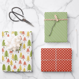 Fun Red Green Yellow Abstract Pine Tree Pattern Wrapping Paper Sheet