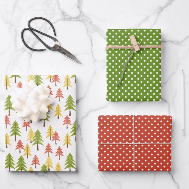 Fun Red Green Yellow Abstract Pine Tree Pattern Wrapping Paper Sheet (Front)