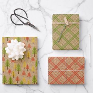 Fun Red Green Yellow Abstract Pine Tree Pattern Wrapping Paper Sheet