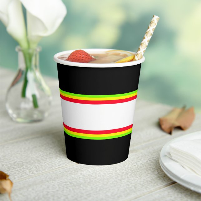 Fun Red Lemon Lime White Racing Stripes On Black Paper Cups (Insitu)