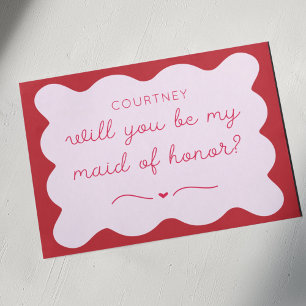 Fun Red & Pink Personalized Maid of Honour Proposa Card