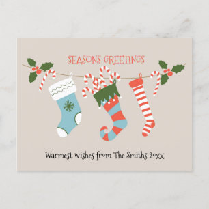 Fun Red Script Green Stockings Candy Cane Floral Postcard