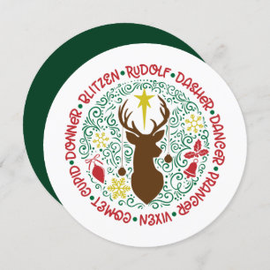 Fun Red Script Santa Reindeer Name Christmas Holiday Card